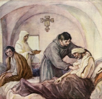 Svatý František při práci v nemocnici pro malomocné v Gubbiu (barevná litografie) od German School