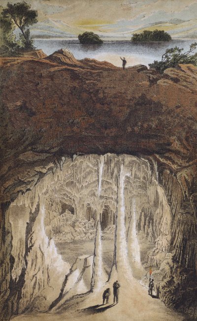 Stalaktity a stalagmity v jeskyni (barevné lito) od German School