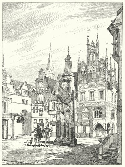 Socha Rolanda postavená v roce 1404 čelem ke katedrále v Brémách, Německo (rytina) od German School