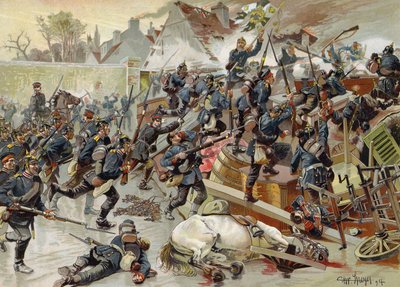 Přepadení velké barikády u vchodu do Le Bourget královnou Alžbětou 3. plukem granátnických gard, francouzsko-pruská válka, 30. října 1870 od German School