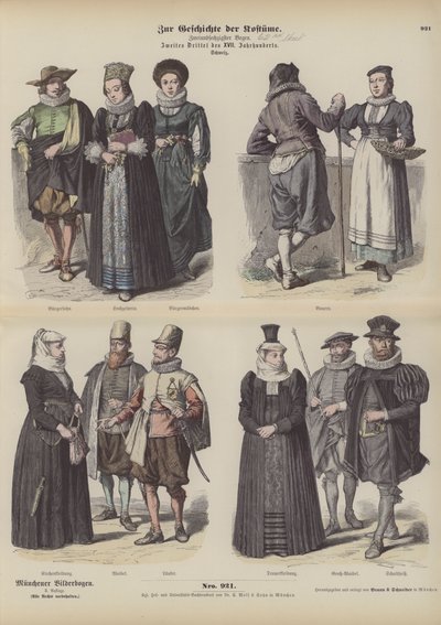 Švýcarské kostýmy, polovina 17. století (barevná rytina) od German School