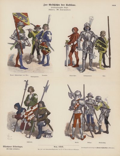 Švýcarské vojenské kostýmy z 15. století (barevná rytina) od German School
