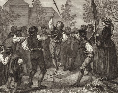 Tanec s mečem, Dithmarschen, Šlesvicko-Holštýnsko. Ilustrace k obrázkovému atlasu (rytina) od German School