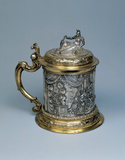 Tankard, tělo pronásledované se scénou představující Alexandra a legendu o gordickém uzlu, Gdaňsk, kolem roku 1680 (balíček zlacené stříbro) od German School