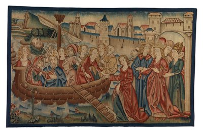 Tapiserie zobrazující Setkání svaté Uršuly a prince Artheria v Mayence, ze Středního Porýní, konec 15. století (vlna a kovová nit) od German School