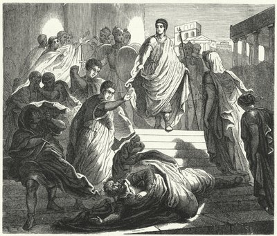 Tarquinius Superbus zavraždil svého tchána Servia Tulluse, aby si nárokoval římský trůn (rytina) od German School