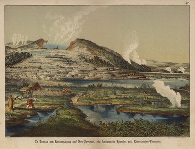 Te Tarata (Bílá terasa), geotermální křemičitá sintrová ložiska na břehu jezera Rotomahana, Nový Zéland (barevné lito) od German School