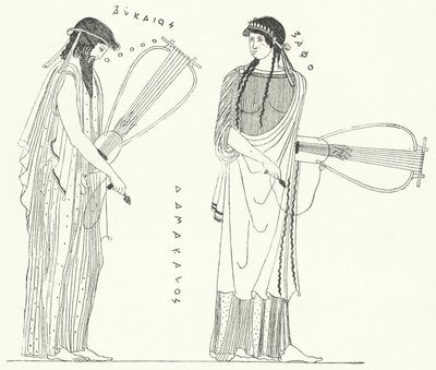 Starověký řecký básník Alcaeus a jeho milenka Sapfó (rytina) od German School