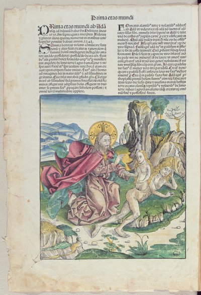 Zrození Evy z knihy "Liber Chronicarum" od Hartmanna Schedela (1440-1514) 1493 (barevný dřevoryt) od German School