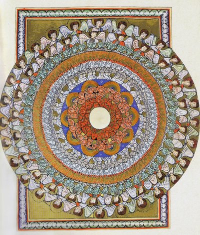 Sbor andělů. Miniatura z Liber Scivias od Hildegardy z Bingenu, kolem 1175 (akvarel na pergamenu) od German School