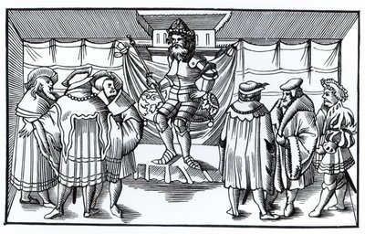 Baronův dvůr podle dřevorytu v Cosmographie Universelle of Munster, publikovaném v roce 1552 od German School