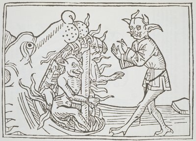 Ďábel Belial před branami pekla, z Das Buch Belial, vydané v Augsburgu, 1473 od German School