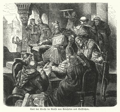 Císař Karel Veliký obklopený učenci a členy kléru (rytina) od German School