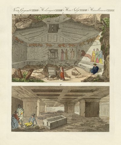 Etruské katakomby ve starém městě Tarquinia (barevná rytina) od German School