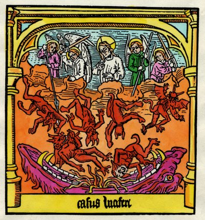 Pád Lucifera a rebelských andělů, ilustrace z kopie ‚Biblia Pauperum‘ od German School