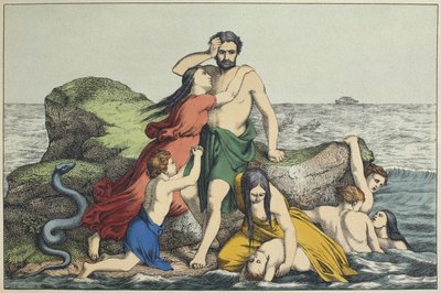 Potopa, ilustrace z LAncien Testament, vydal Jakob Ferdinand Schreiber, Esslingen (barevná rytina) od German School