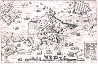 Pevnost Canischa marně obležená křesťany v roce 1664, ilustrace z knihy o osmanských taženích v Evropě, rytina Paula Fursta (asi 1605-66) (rytina) od German School