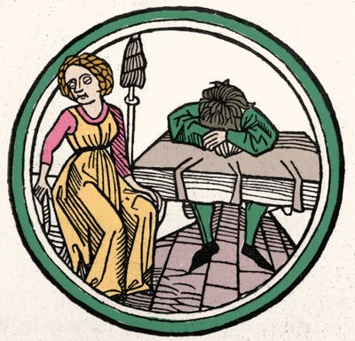 Čtyři temperamenty: Melancholická (smutná a depresivní) xylografie, Augsburg 1480 od German School