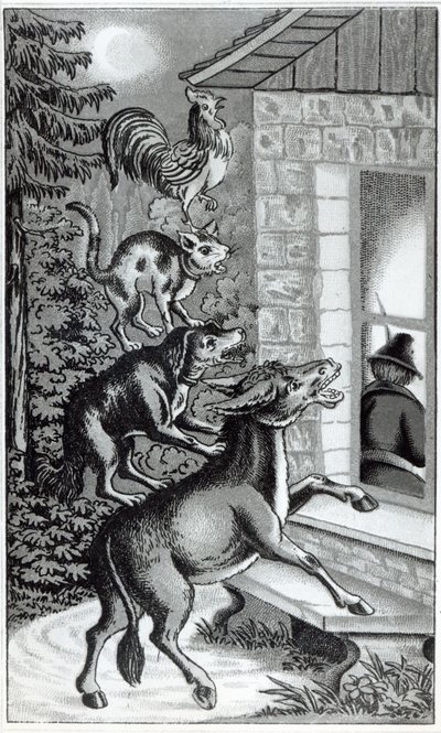 Čtyři zvířátka křičí u okna, ilustrace k pohádce Bratří Grimmů Muzikanti z města Brém. od German School