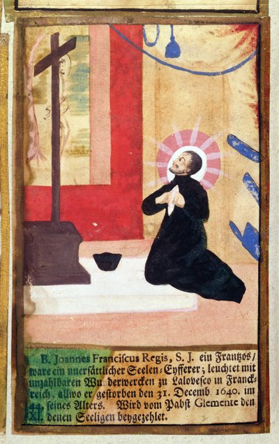 Francouzský otec jezuita Jean Francois Regis (1597-1640) klečící před krucifixem, z Martyrologie jezuitů, 1688 od German School