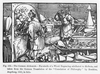 Německý alchymista, z Consolation of Philosophy od Boethia, ilustrace z Vědy a literatury ve středověku a renesanci, napsal a vyryl Paul Lacroix, 1878 (nar. od German School