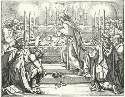 Císař Svaté říše římské Ota III. u hrobu svatého Vojtěcha Pražského (rytina) od German School