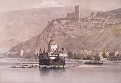 Ostrovní pevnost Pfalzgrafenstein a zámek Gutenfels v Kaubu od German School