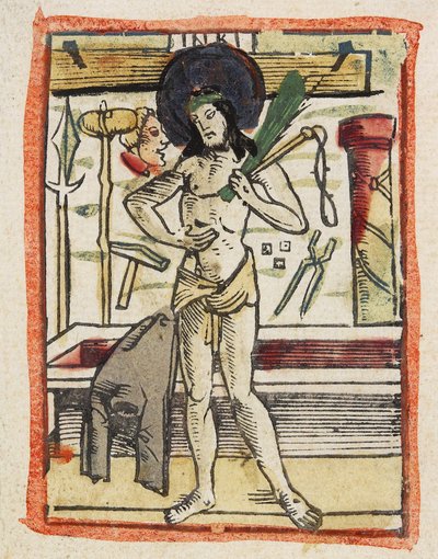 The Man of Sorrows, cca 1480-1490 (ručně kolorovaný dřevoryt) od German School