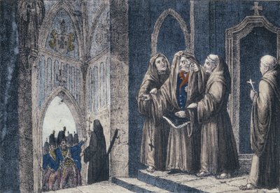 Mniši zakrývající krále rouškou v klášteře Camenz od German School