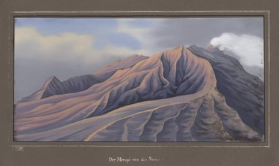 Severní strana Merapi při pohledu z 4686 stop, listopad 1836, pl.VII z Topographischer und Naturwissenschaftlicher Atlas zur Reise durch Java, od Dr. Paní Junghuhn, Magdeburg, 1845 (barevně lit od German School