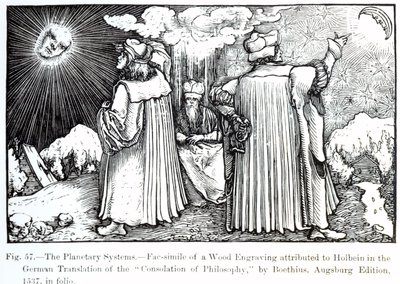 Planetární systémy, z The Consolation of Philosophy od Boethia, vydané v roce 1537, ilustrace z Vědy a literatury ve středověku a renesanci, napsal a vyryl Paul Lacr od German School