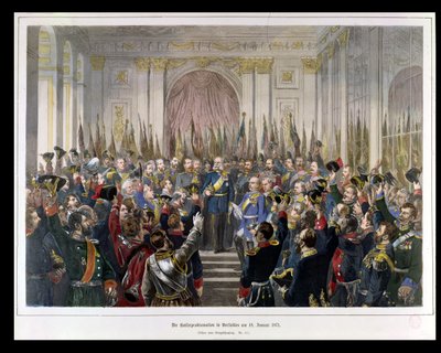 Provolání Wilhelma císařem nové Německé říše v Zrcadlovém sále ve Versailles dne 18. ledna 1871 (barevná rytina) od German School