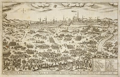 Obléhání Vídně v roce 1529, ilustrace z knihy o osmanských taženích v Evropě, vyryl Paul Furst (c.1605-66) od German School