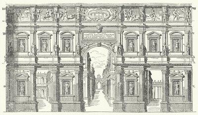 Teatro Olimpico ("Olympijské divadlo") ve Vicenze v severní Itálii (rytina) od German School