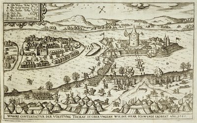 Město Tokay, které Herr Schwendi získal od Turků v roce 1565, ilustrace z knihy o osmanských taženích v Evropě, vyryl Paul Furst (asi 1605-66) od German School