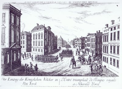 Triumfální vstup královských vojsk do New Yorku, 1776, vyryl Francois Xavier Habermann od German School