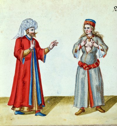 Turek a kurtizána, konec 16. století (wc, zlacení a kvaš na papíře) od German School
