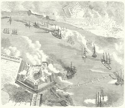Flotila Unie útočící na Fort Jackson a Fort St Philip, Louisiana, Americká občanská válka, 1862 od German School