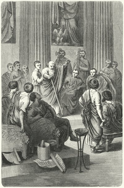 Slepý Appius Claudius Caecus hovořící v římském senátu proti Cineovi, vyslanci Pyrrha z Epiris, 279 př. n. l. (rytina) od German School