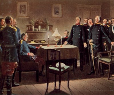 Kapitulace pevnosti Sedan, 2. září 1870 (barevná litografie) od German School