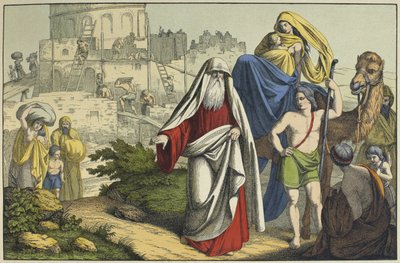 Stavba babylonské věže, ilustrace z LAncien Testament, vydal Jakob Ferdinand Schreiber, Esslingen (barevná rytina) od German School