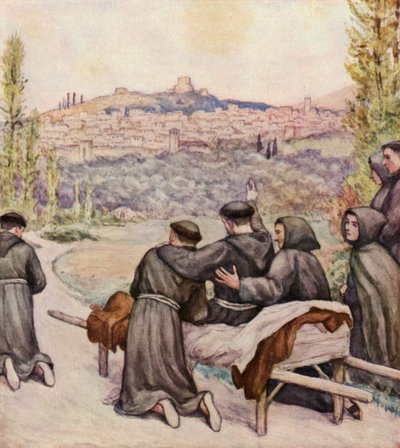 Umírající svatý František žehná městu Assisi (barevná litografie) od German School