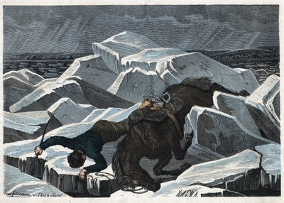 Pád hraběte Sandora a jeho koně na rozbitém ledu Dunaje. V „“ Wenn Jemand eine Reise thut, tak kann er was erzahlen““ (Když někdo cestuje, tohle může vyprávět), německá pohádka Franze Wiedemanna od German School