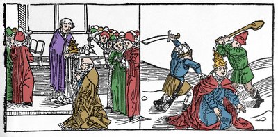 Umučení svatého Fabiena (3. století), papeže mučeného a poté dekapitovaného, za vlády císaře Dece Rytina z „Leben der Heiligen - sommerteil“ (Kniha světce) od Jacoba (Jakuba) z Voragine (1228-1298). Lubeck 1488. od German School