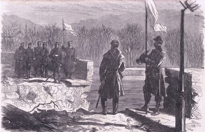 Mírová jednání – schůzka u mostu v Sevres, Cassells History of the War between France and Germany vydané nakladatelstvím Cassell and Company Limited, kolem roku 1890 (litho) od German School