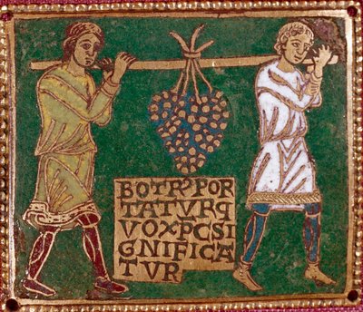 Návrat Josue a Caleba s obrovským hroznem ze země Kanaán (země zaslíbená) („Návrat Josuy a Káleba z Kanaánu (země zaslíbená) s hroznem“). od German School
