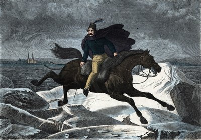 Pohádka Sandor na koni Tartar cválající po ledové řece Dunaj. V „“ Wenn Jemand eine Reise thut, tak kann er was erzahlen““ (Když někdo cestuje, tohle může vyprávět), německá pohádka Franze Wiedemanna od German School