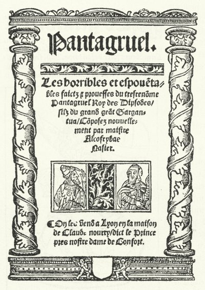Titulní strana z nejstaršího známého vydání Pantagruela, románu Francoise Rabelaise (rytina) od German School