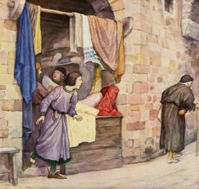 Mladý svatý František a žebrák (barevná litografie) od German School