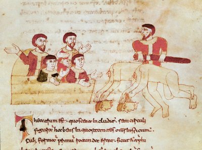 Divadelní scéna, publikum vlevo tleská výkonu herců Miniatura převzatá z rukopisu „“De Universo““ (nebo De rerum naturis (Z povahy věcí)) (kód. 132) od Rabana Maura Magnentia (nebo Rabana Maur nebo Rabano Mauro) (ca. od German School